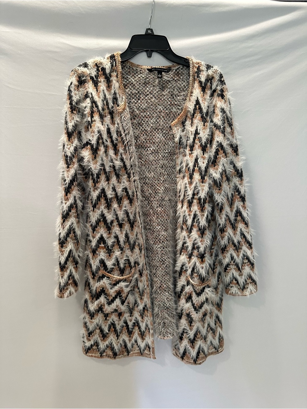 Signature Studio Fuzzy Chevron Open-Front Cardigan - Cream, Brown & Black